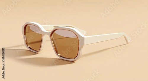 Cream-colored, geometric sunglasses on a beige surface