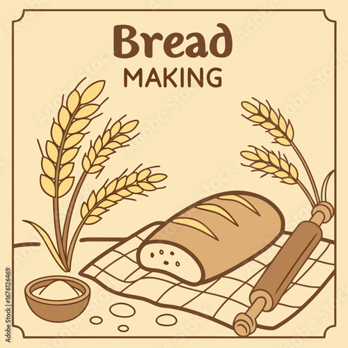 Vector illustration of fresh breakfast and bakery food set with bread and wheat