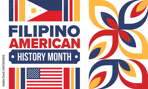 Filipino American History Month. Happy holiday celebrate annual in October. Filipinos and United States flag. Culture month. Patriotic design. Poster, card, banner, template. Vector illustration