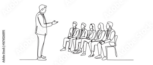 One continuous line drawing of happy trainer teaching lifeskill and interpersonal skill lessons to the young CEOs. Vector black silhouette. with white background