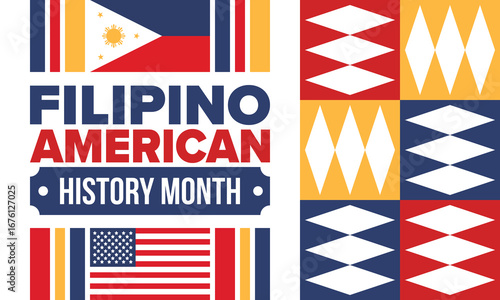 Filipino American History Month. Happy holiday celebrate annual in October. Filipinos and United States flag. Culture month. Patriotic design. Poster, card, banner, template. Vector illustration