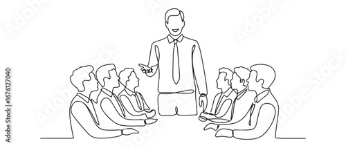 One continuous line drawing of happy trainer teaching lifeskill and interpersonal skill lessons to the young CEOs. Vector black silhouette. with white background
