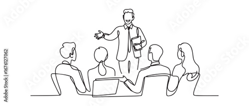 One continuous line drawing of happy trainer teaching lifeskill and interpersonal skill lessons to the young CEOs. Vector black silhouette. with white background