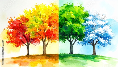 Vibrant watercolor art depicting the annual cycle of nature, showcasing four trees transforming through spring, summer, autumn, and winter seasons