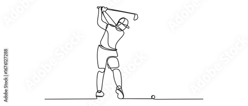 One single line drawing of young sporty golf player hit the ball using golf club graphic vector illustration. Healthy sport concept. Vector black silhouette. with white background