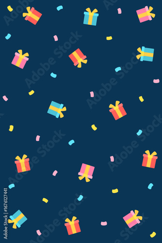Scattered colorful gift boxes with playful confetti on dark blue background. Ideal for wrapping paper, stickers, or cheerful birthday party supplies.