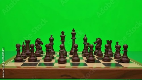 Strategic chess pieces poised for battle on a vibrant green background, symbolizing competition and intellect.