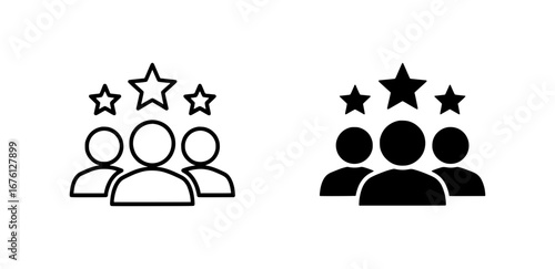 Outline and solid black vector icon of a group of three people with three stars above symbolizing feedback