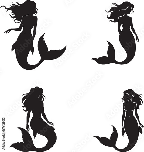 Wallpaper Mural Minimalist black and white mermaid silhouette set – elegant hand-drawn sea maidens with flowing hair and fluid underwater poses. Torontodigital.ca