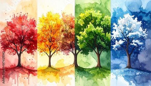 Vibrant watercolor illustration showcasing the cyclical beauty of nature, with four distinct trees representing the serene transformations of spring, summer, autumn, and winter seasons