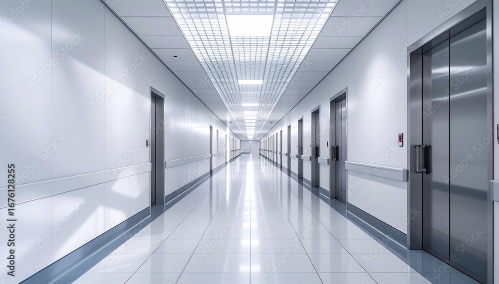 Fototapeta premium Bright, clean, modern hallway with reflective floors, multiple doors, and elevators, conveying sterile efficiency and contemporary architectural design