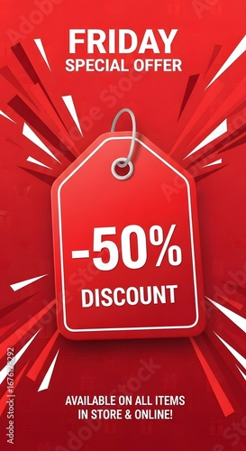 Black Friday special offer with fifty percent discount tag on a red background for online and in store sales