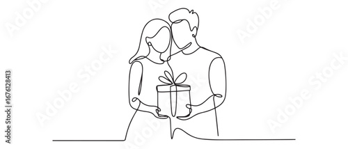 Single continuous line drawing couple holding packaged present together. Romantic surprise gift box. Vector black silhouette. with white background