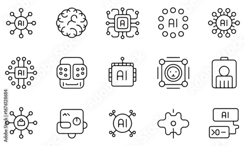 Minimal AI and technology icons pack of artificial intelligence, neural network, processor, and machine learning for future computing design
