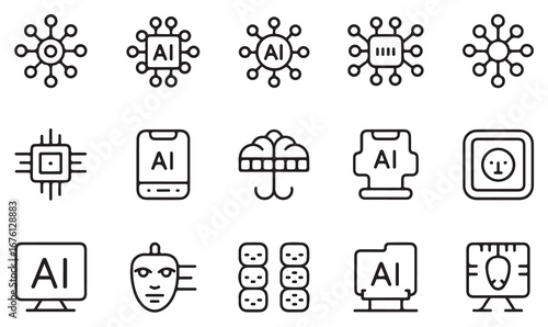 Outline vector icons of AI, neural network, chip, processor, automation, and computing for innovation, robotics, and software design concepts
