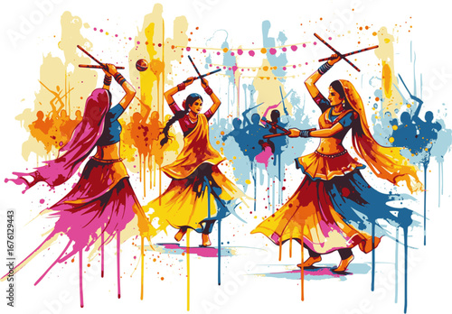Colourful Watercolour Garba Dance Illustration Transparent Background. Women Performing Traditional Dandiya Stick Dance Painting PNG.