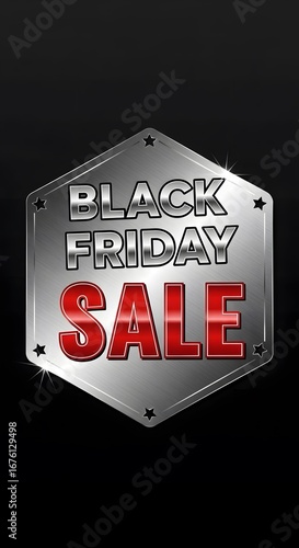 A black friday sale sign with silver frame and red sale text on a dark black background design theme