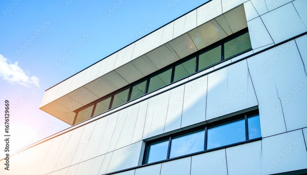 Fototapeta premium Dynamic low-angle view of a sleek, contemporary building facade featuring reflective glass and clean lines against a bright, vibrant blue sky