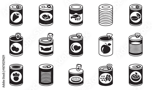 Canned and preserved food icons set including tin, beans, fruits, vegetables, and meat for nutrition, packaging, and grocery design