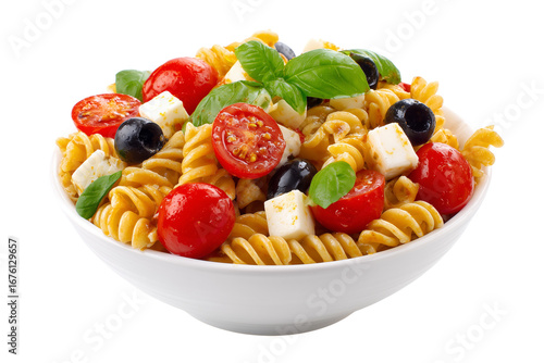 Fresh pasta salad with cherry tomatoes olives mozzarella and basil served in a white bowl overhead view