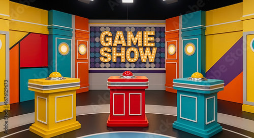 Bright colorful game show television stage with podiums and buttons under lights in a playful environment
