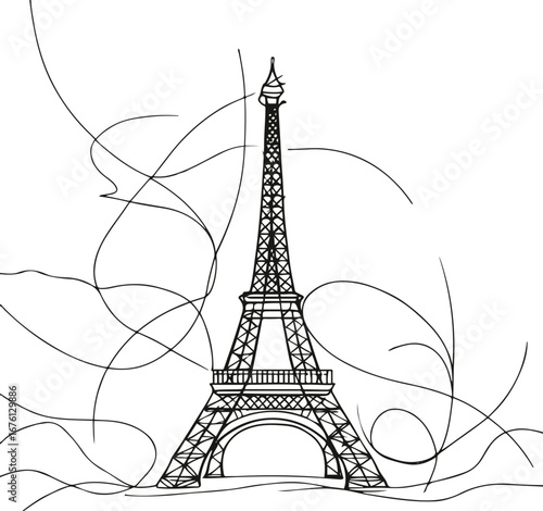 Simplified continuous line sketch of Eiffel Tower, abstract Paris travel concept