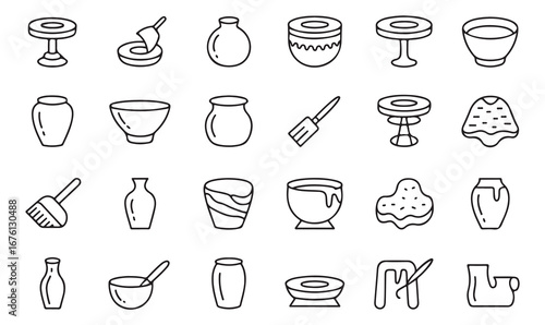 Minimal pottery and ceramics icons pack of clay, vase, jar, bowl, pot, and brush for traditional art and handmade craft design