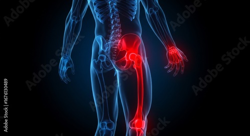 Anatomical Illustration of Human Body Highlighting Pain in Hip, Leg, and Hand, Glowing Red.