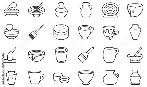 Outline vector icons of pottery, ceramics, clay, vase, jar, brush, and bowl for handmade art, sculpture, and cultural creativity concepts