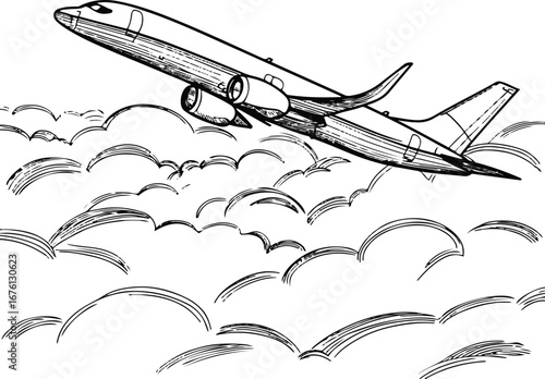 black and white line art Airplane flying above clouds, smooth minimal continuous line sketch 2