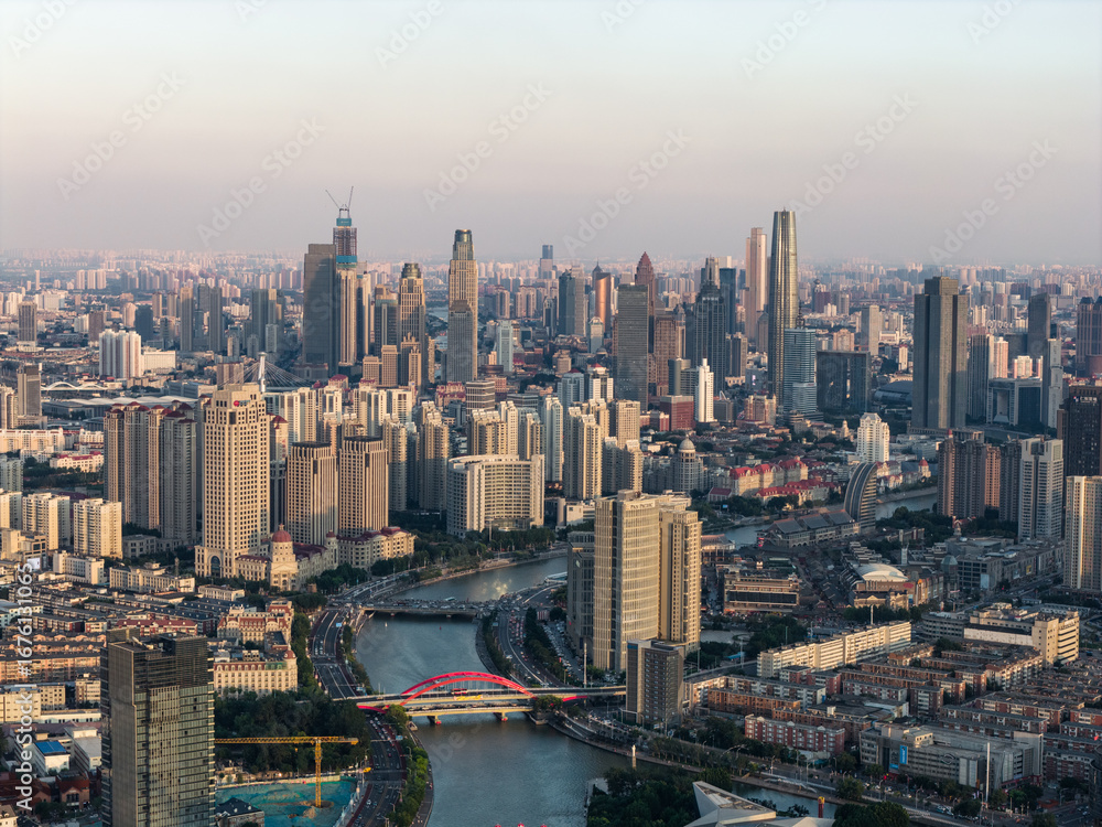 Obraz premium Aerial view of Tianjin city skyline at dusk time, Tianjin, China