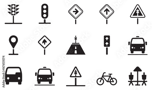 Road and traffic outline icons set including safety, navigation, car, bicycle, and caution triangle for urban and driving concepts