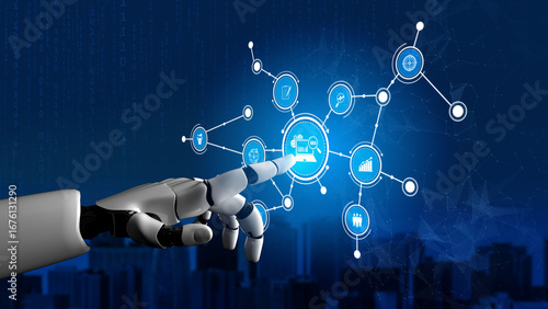 Quadro su tela A robotic hand engages with a blue digital interface, symbolizing advanced technology and connectivity in a modern high-tech environment