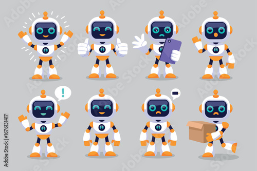 Cute Robot Character Set Vector Illustration with Various Poses and Expressions for Design Projects