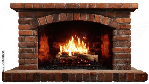 Brick fireplace with a warm fire