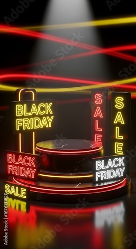 Neon black friday sale display with shopping bag and podium under spotlight and glowing lines