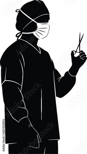 Silhouette of a surgeon wearing a mask and holding surgical scissors, isolated on transparent background