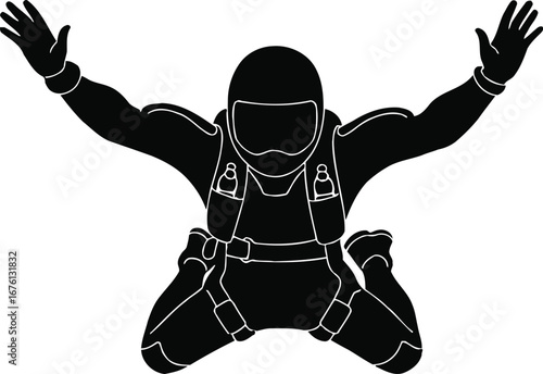 Silhouette of a skydiver in a crouched position with arms raised, isolated on transparent background