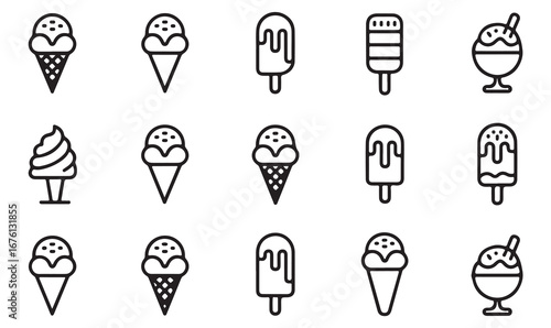 Outline vector icons of ice cream, dessert, popsicle, cone, sundae, and frozen treats for cafe, summer, and confectionery concepts