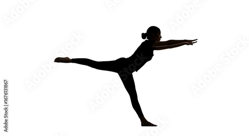 Silhouette of a woman performing a warrior three yoga pose