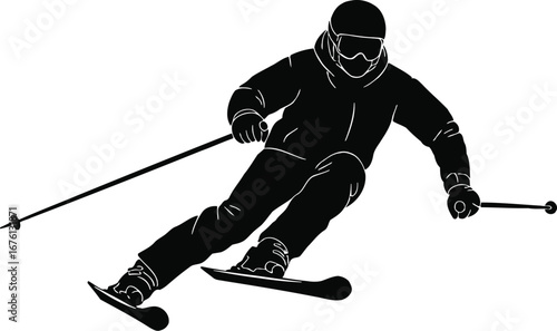Silhouette of a skier skiing down a slope with ski poles, isolated on transparent background