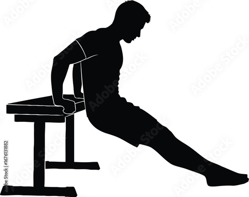 Silhouette of a man performing dips on parallel bars, isolated on transparent background