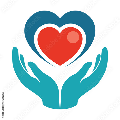Teal Hands Holding A Red And Blue Heart Symbol With Light Reflection On White Background caring love