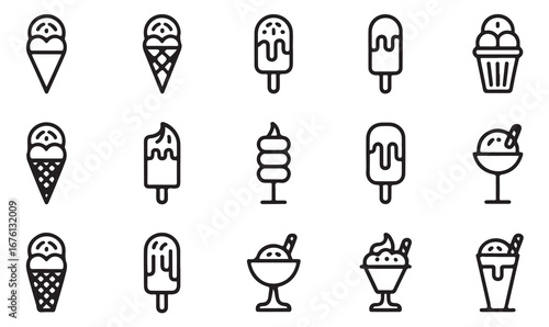 Ice cream and dessert line icons set with cone, popsicle, sundae, milkshake, and frozen treat for sweet food and refreshment design
