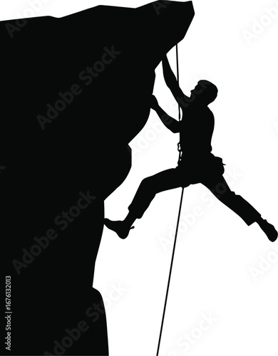 Silhouette of a rock climber scaling a steep cliff face, isolated on transparent background