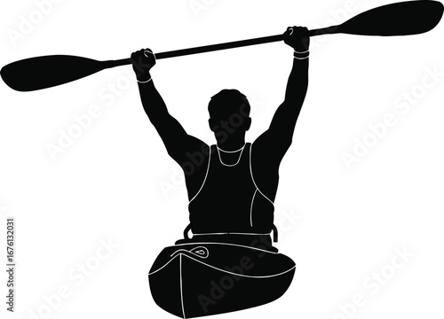 Silhouette of a kayaker holding a paddle above their head, isolated on transparent background