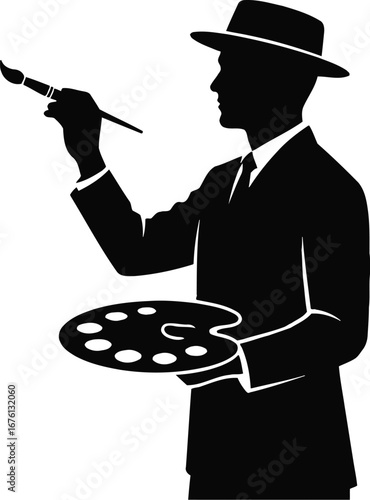 Silhouette of an artist holding a paintbrush and palette, isolated on transparent background
