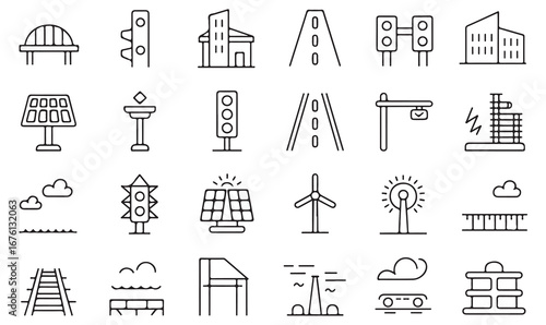 City and infrastructure outline icons set including bridge, building, traffic light, skyline, and renewable energy for planning and design concepts
