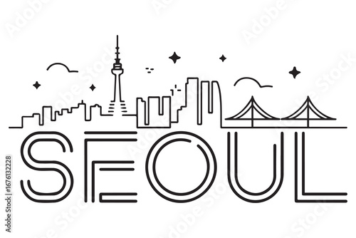 Minimal Vector Seoul City Linear Skyline with Typographic Design. Vector black silhouette. with white background