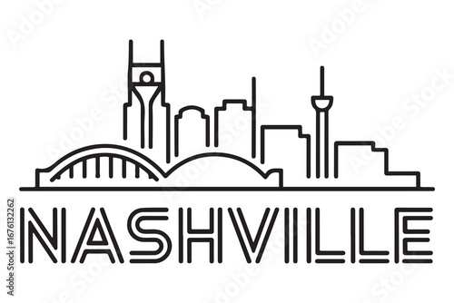 Minimal Nashville Line Art City Skyline with Typographic Design Vector black silhouette. with white background